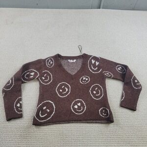 Smiley Face Sweater Womens‎ Juniors Small Brown Pullover Knit Casual V-Neck
